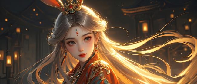 银发仕女立庭院，金冠华服映暖光