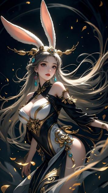 仙侠兔耳女神写真：黑金华服飘逸梦幻