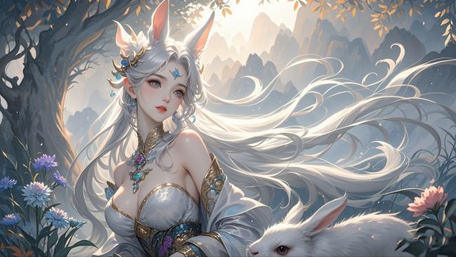 银发兔耳仙子立山林，水墨工笔绘仙境