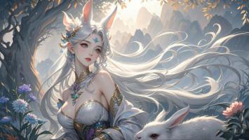 银发兔耳仙子立山林，水墨工笔绘仙境