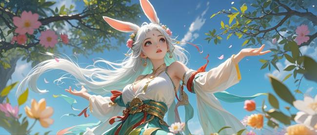 春日兔耳少女汉服写真，花瓣飞舞唯美瞬间