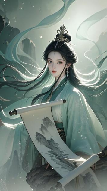 青衣仙子持卷临山，水墨仙侠风满屏