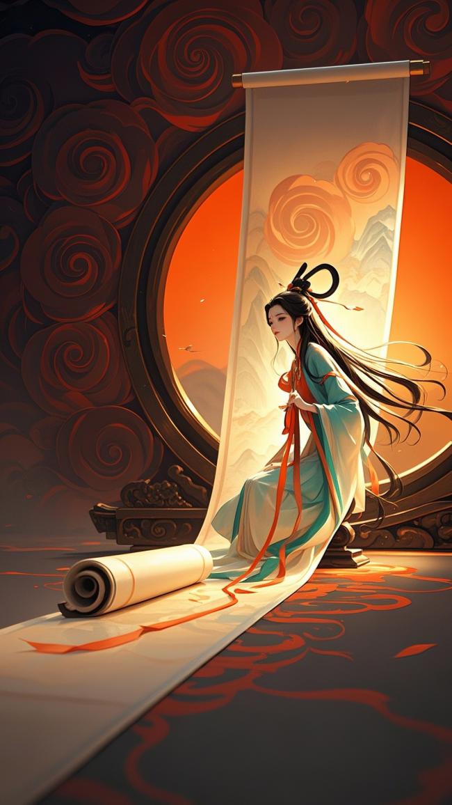 古风仕女坐窗前，云海山峦映暖光