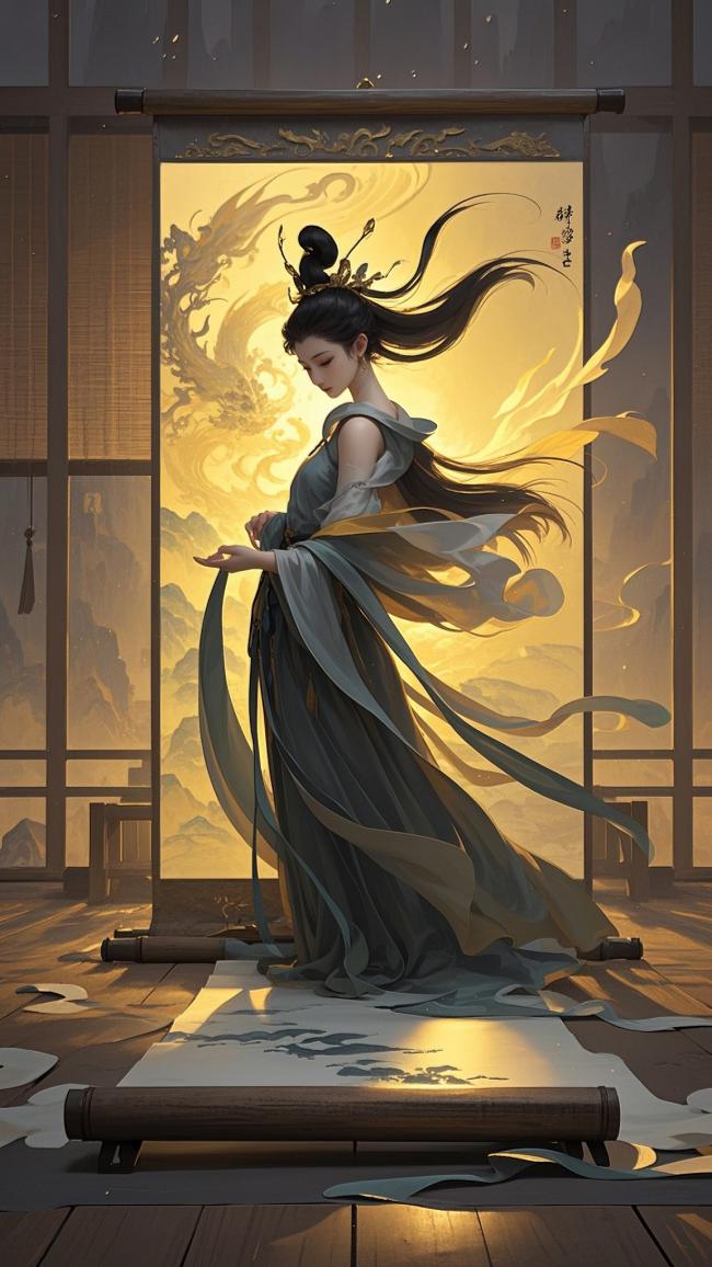 古风仕女持卷临风，云龙映霞仙气满堂