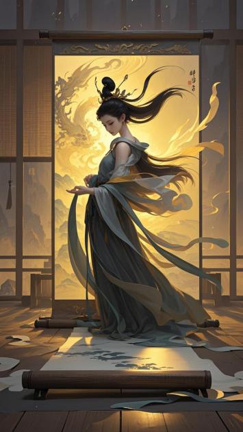古风仕女持卷临风，云龙映霞仙气满堂