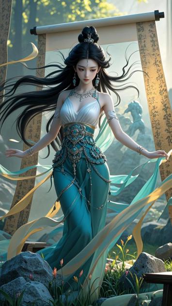 青衣仙子立卷轴前，风动丝带映山光
