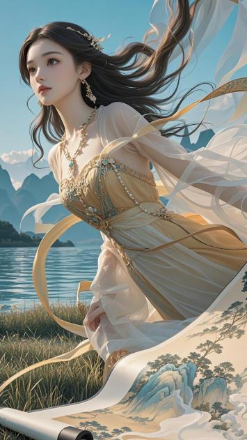 仙侠少女持卷临湖，工笔重彩绘山水