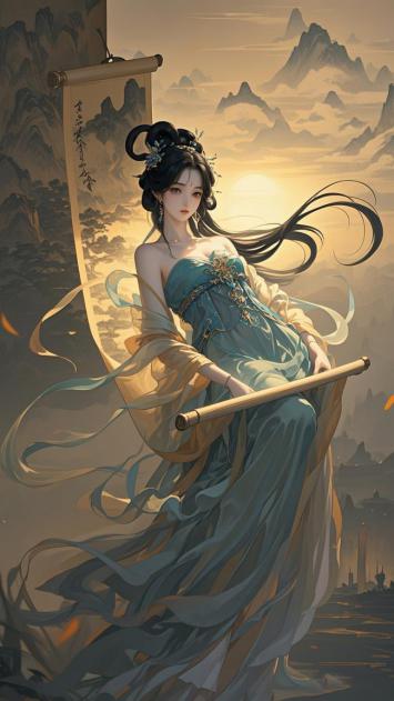 仙侠古风仕女持卷立山巅