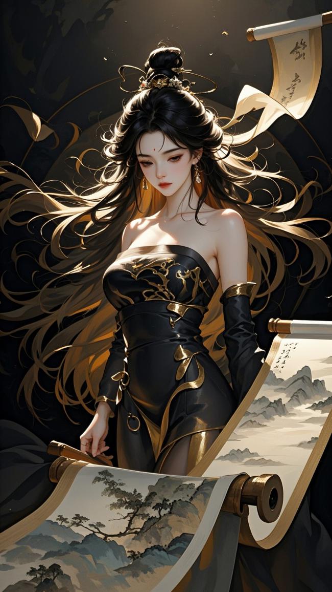 黑金仙姬持卷临风，工笔重彩绘山河