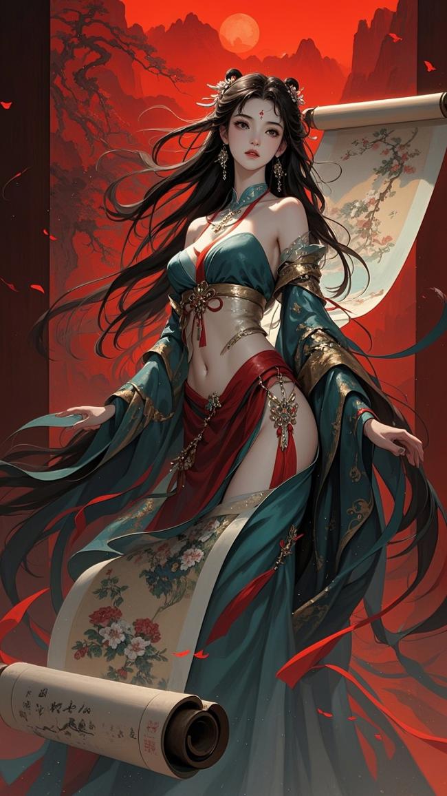 血色日落下的仙侠美人持卷轴插画