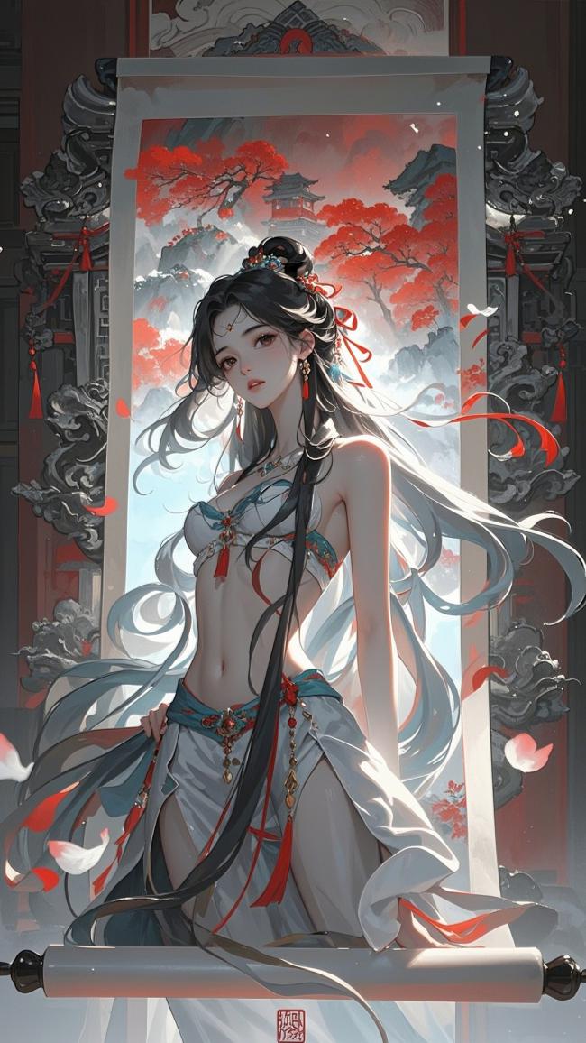 仙侠仕女持卷临风，红枫古塔映霓裳