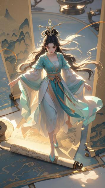 青衣仙子踏卷而立，工笔重彩绘仙侠风