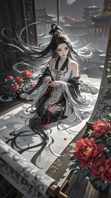 黑银汉服美人坐卷轴旁，牡丹映古院