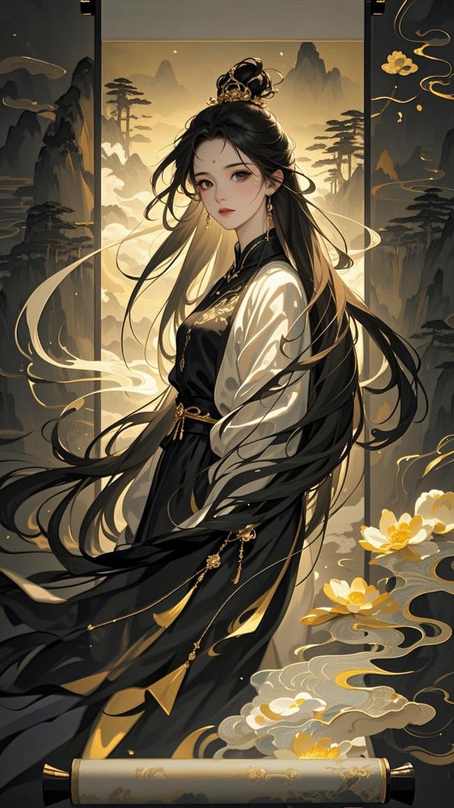 古风仙子立卷轴，金莲漫舞山云间