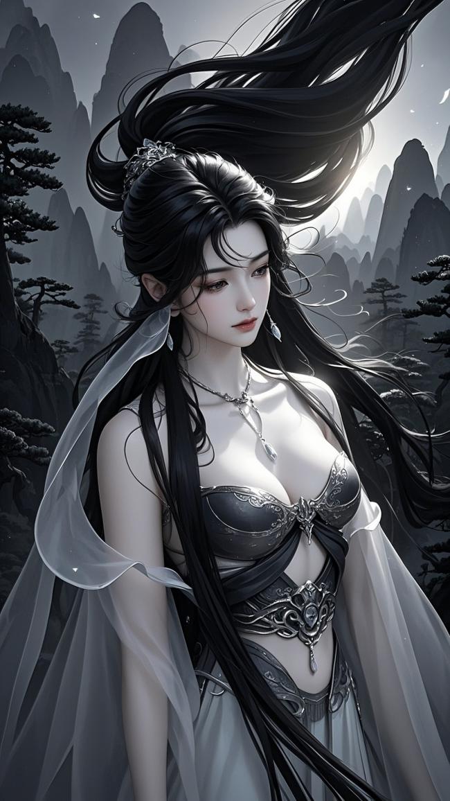 仙侠黑发女神立于云山之间