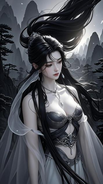 仙侠黑发女神立于云山之间