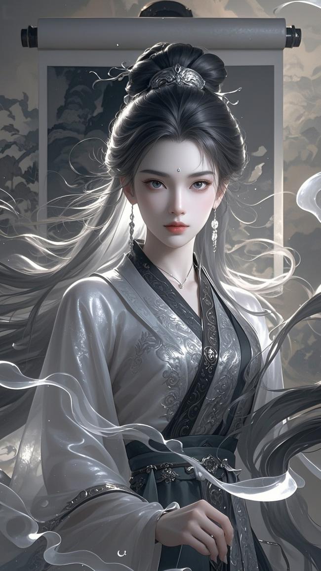 古风仕女持卷轴，水墨飘逸显仙韵