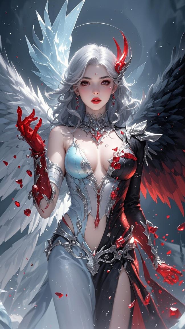 堕天使双翼对决：银白与暗红的神魔美学