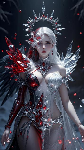 暗黑冰晶女王：血色羽翼与王冠的奇幻肖像