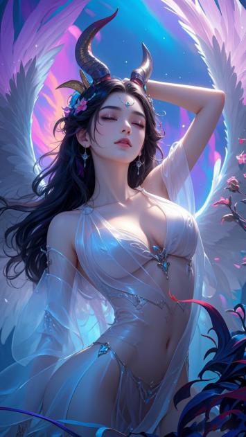 恶魔角天使羽翼女神3D插画