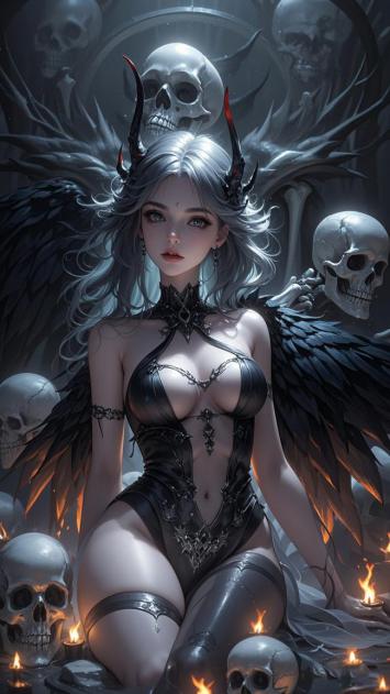 暗黑恶魔天使少女坐于骷髅祭坛