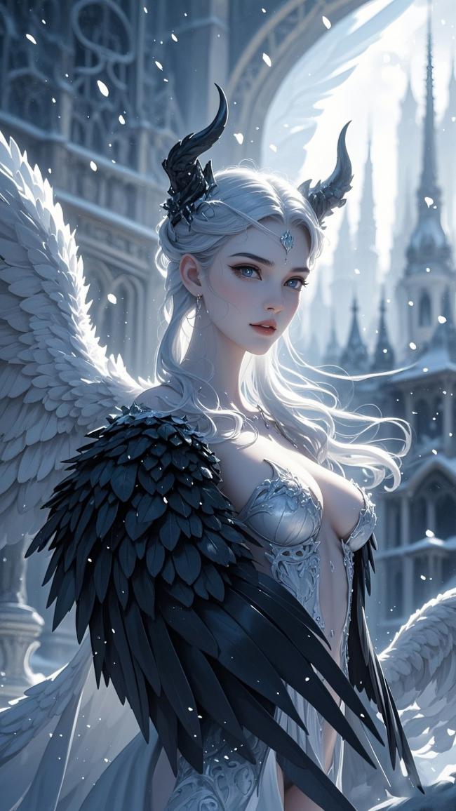 暗黑天使立于哥特圣殿，羽翼黑白交织的奇幻场景
