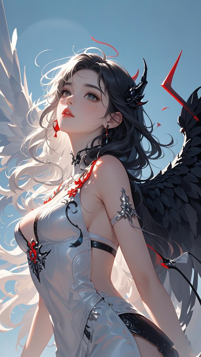 黑翼天使少女插画，暗黑幻想风