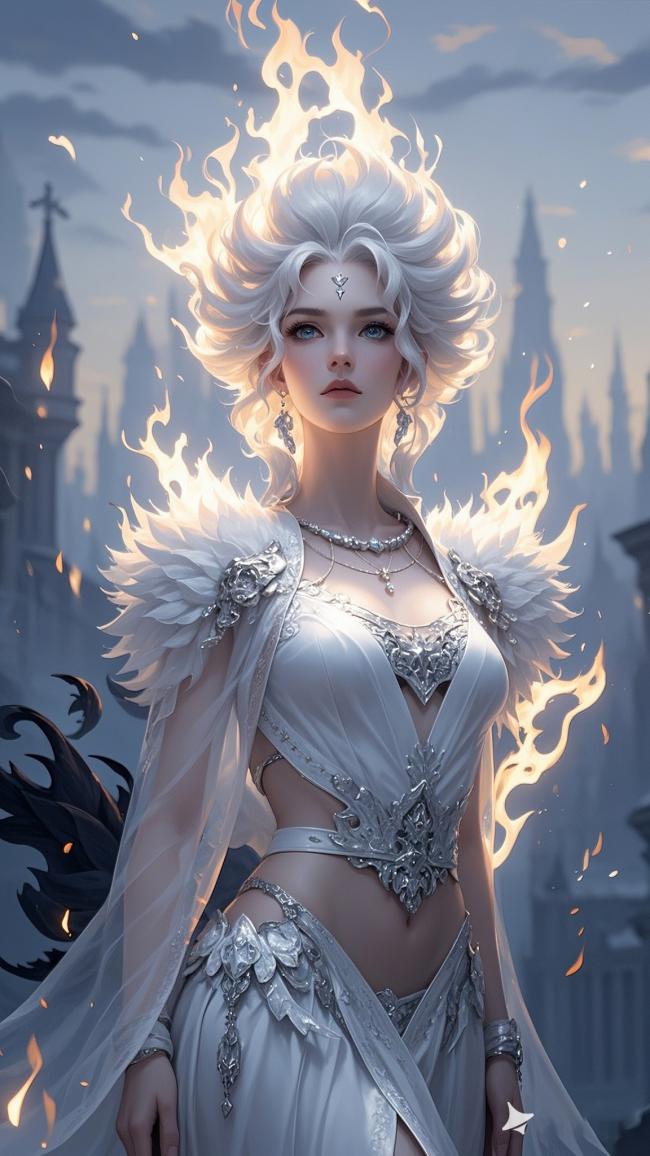 火焰女神立于哥特城堡前，银羽与烈焰共舞
