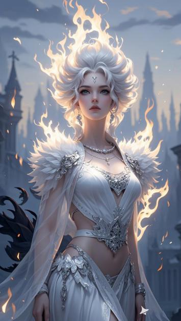 火焰女神立于哥特城堡前，银羽与烈焰共舞