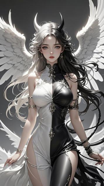 黑白双生天使：羽翼与双角的极致美学
