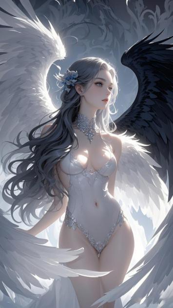 黑白双翼天使少女写实插画