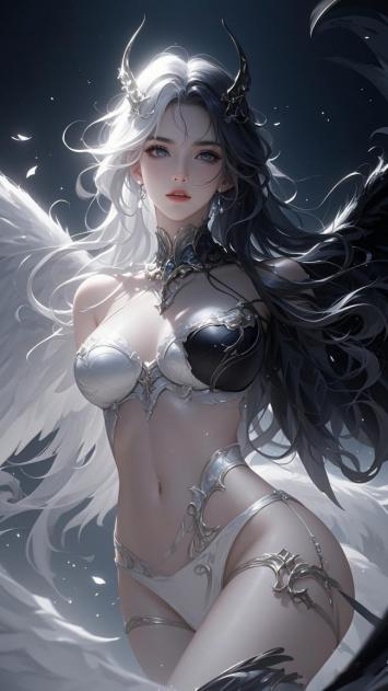 黑翼天使银发女战士插画