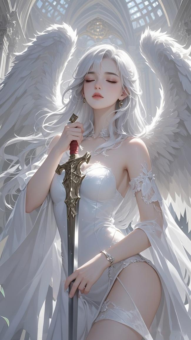 银发天使持剑立于圣殿，光影如神迹般温柔