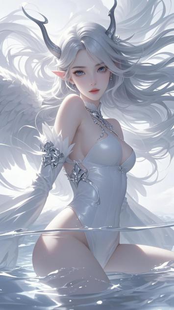 银发天使水中静坐写真，光影柔美极致写实