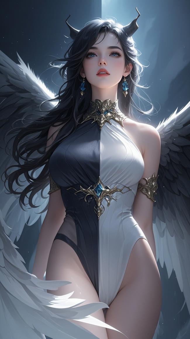 黑白天使女神奇幻插画