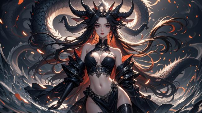 暗黑龙后与巨龙共舞的奇幻场景