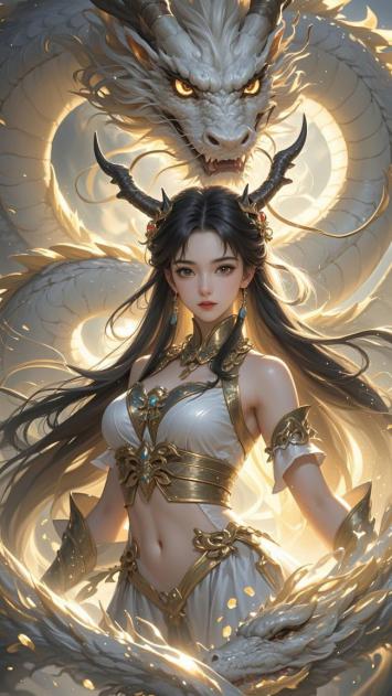 白龙护主：东方神女与圣龙共舞的神话画卷
