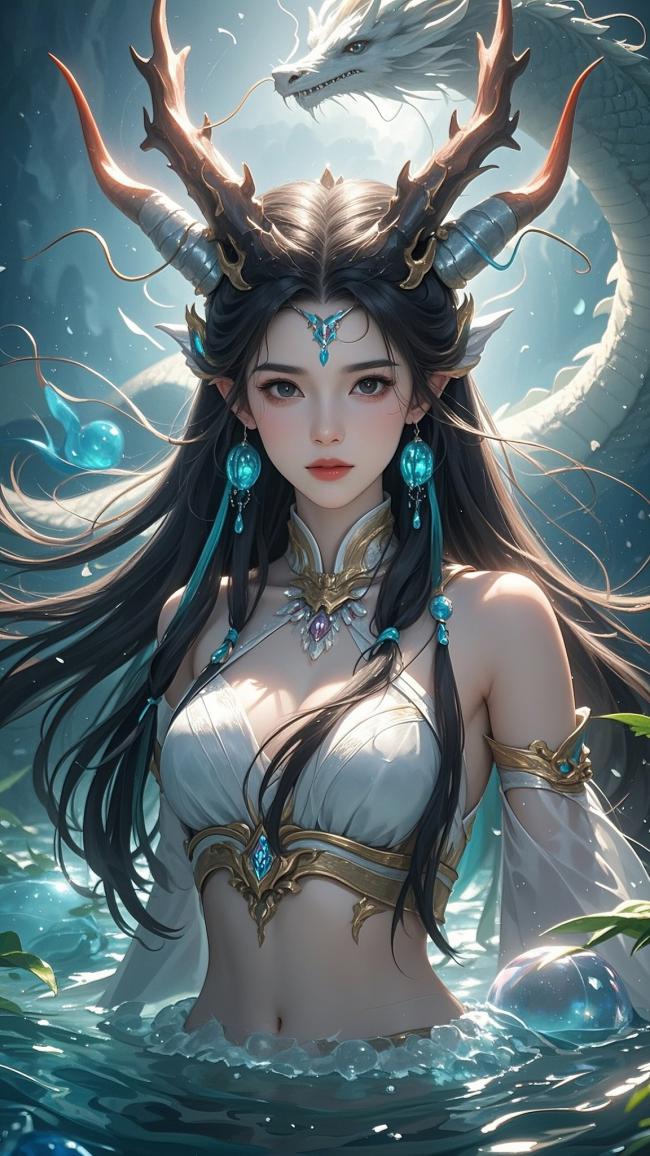 水下仙姬伴龙影 · 写实玄幻神女图
