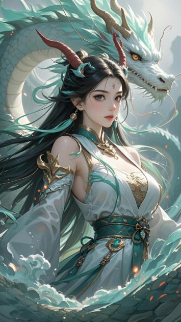 青衣仙子与青龙共舞的玄幻场景