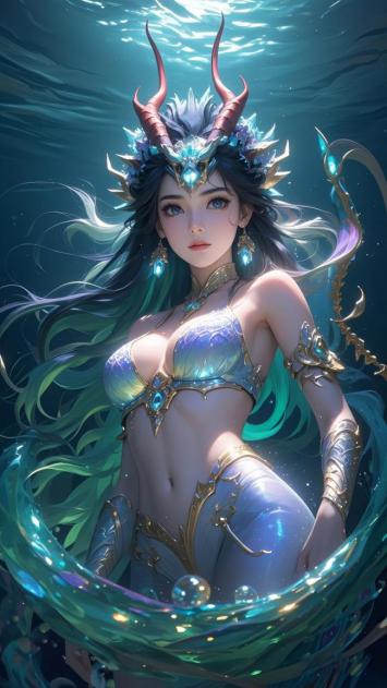 深海龙女仙侠插画，水光潋滟显华贵