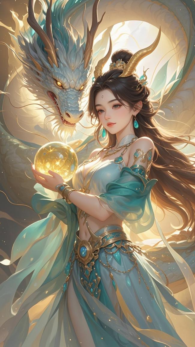 仙侠女神持光球与神龙共舞