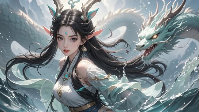 青龙伴仙女，浪涛间御风而行