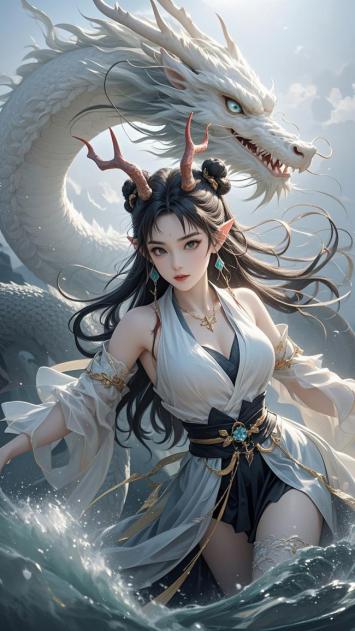 仙侠少女与白龙共舞浪涛间