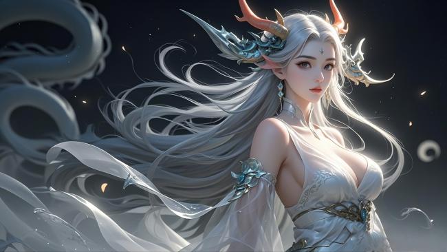 银发龙角仙女神话插画