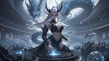 龙族女战士跪拜神殿，蓝龙盘旋守护