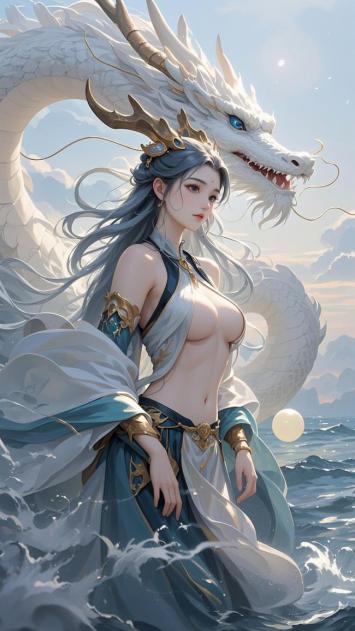 白龙相伴的仙侠女神海中伫立图