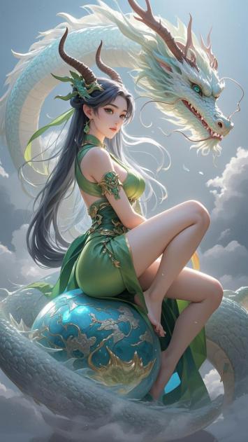 青衣龙女乘云御龙图
