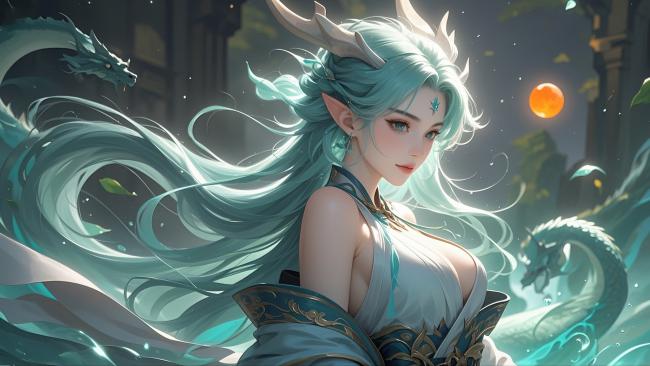 青发仙姬伴双龙，月夜水墨玄幻风