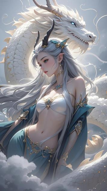 云巅仙子与白龙共舞幻境图