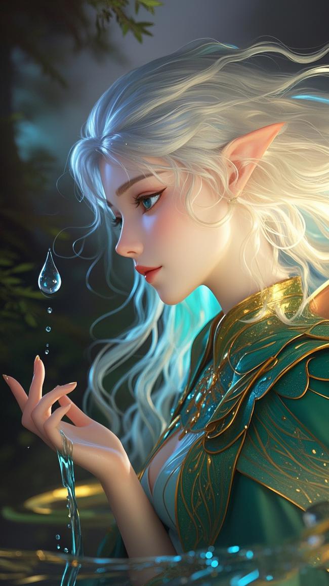 银发精灵凝望水滴的梦幻瞬间
